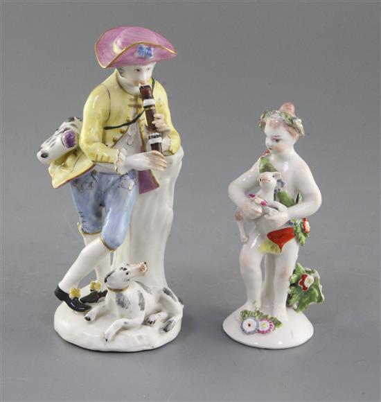 Two Bow figures of a shepherd and a cherub, c.1760,